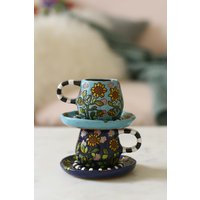 Espressotassen, Sonnenblumenmuster, Süße Keramiktassen Mit Teller, Keramik Kaffee Set von byDomi