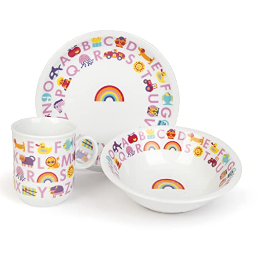 ABC Kindergeschirr Set rosa aus Porzellan | 3-teilig mit Teller, Schüssel und Becher | Alphabet Design Schulanfang | Made in Germany von byGraziela