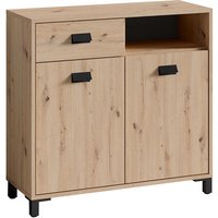 Badezimmer Kommode wellness in Artisan Eiche, Griffe aus Metall in schwarz / Badschrank mit einer Schublade und zwei Türen / b 80,5, h 77,5, t 31 cm von byLIVING