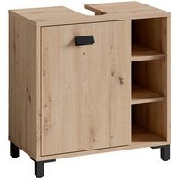 Waschbeckenunterschrank wellness / Waschtisch Unterschrank stehend, in Artisan Eiche, Griff aus Metall in schwarz / 1-türig und drei offne Fächer / b von byLIVING