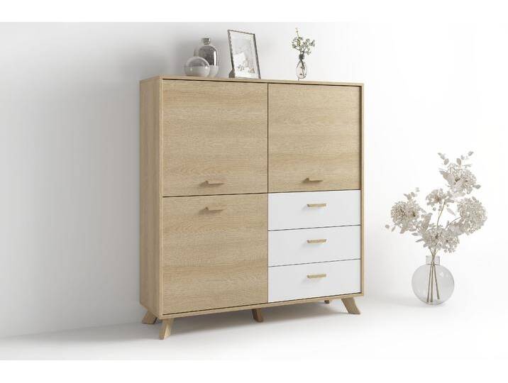 Highboard BYLIVING Bastian , eiche bianco, B:120cm H:131cm T:36,5cm, FSC-zertifizierter Holzwerkstoff, Massivholz, Sideboards, mit massiven Holzfüßen und Griffen, natürlicher Eichenlook, 120cm von byLIVING