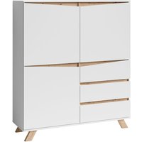 Byliving - Highboard valentin / Sideboard matt weiß mit Absetzung in Eiche-Optik / Wohnzimmer-Schrank mit 3 Türen und 3 Schubkästen / Im Scandi-Style von byLIVING