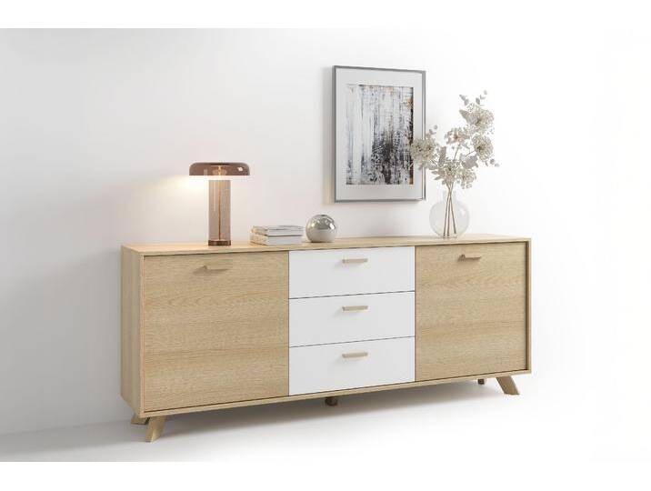 Sideboard BYLIVING Bastian , eiche bianco, B:180cm H:72,5cm T:36,5cm, FSC-zertifizierter Holzwerkstoff, Massivholz, Sideboards, mit massiven Holzfüßen und Griffen, natürlicher Eichenlook, 180cm von byLIVING