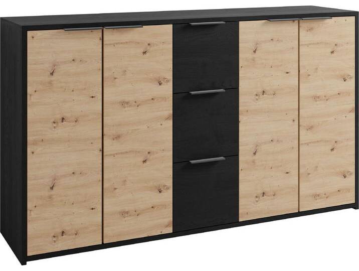 Sideboard BYLIVING Rimini , schwarz, B:139cm, Sideboards, Melamin Eiche schwarz und Artisan Eiche, 3 Schubkästen, 4 Türen von byLIVING