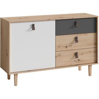 Byliving - Sideboard bill / Kommode Artisan Eiche Optik hellbraun / Schrank mit 1 Tür und 3 Schubkästen / Fronten in weiß und grau / Schlaufen-Griffe von byLIVING