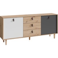 Sideboard bill / Kommode Artisan Eiche Optik hellbraun / Schrank mit 1 Tür und 3 Schubkästen / Fronten in weiß und grau / Schlaufen-Griffe / b 180, h von byLIVING