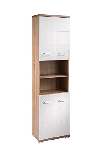 byLIVING Badezimmer-Hochschrank Nebraska/Badschrank Sonoma Eiche, Türen Hochglanz weiß lackiert/Badezimmerschrank 4 Türen mit offenen Elementen & viel Stauraum/B 50, H 192, T 31,5 cm von byLIVING