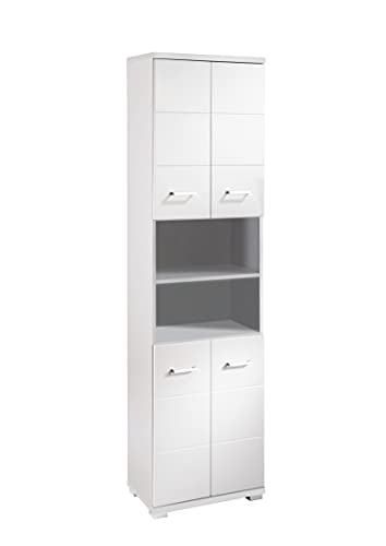 byLIVING Badezimmer-Hochschrank Nebraska/Badschrank matt weiß, Türen Hochglanz weiß lackiert/Badezimmerschrank 4 Türen mit offenen Elementen & viel Stauraum/B 50, H 192, T 31,5 cm von byLIVING