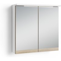 Badezimmer Spiegelschrank Marino mit LED-Beleuchtung und Steckdose / Moderner, 2-türiger Spiegel Hängeschrank in schnee-weiß matt und Absetzung von byLIVING