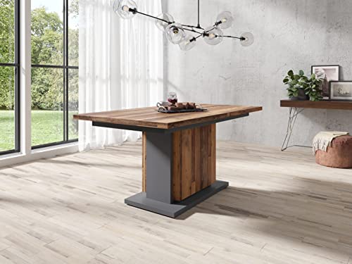 byLIVING Britta Säulentisch mit Auszug/Melamin Old Wood, anthrazit/Auszugstisch/Esszimmer-Tisch auf 215 cm ausziehbar, Holzwerkstoff, Braun, 160-215 x 90, H 75 cm von byLIVING