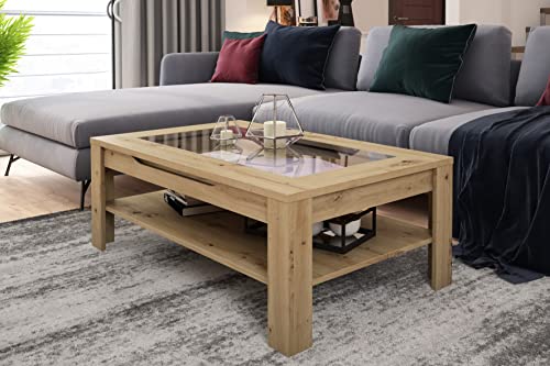 byLIVING Couchtisch Ralph/moderner Sofatisch mit Glaseinlage und großzügiger Schublade in Eiche-Optik/Beistelltisch mit viel Stauraum/B 110, H 43, T 67 cm von byLIVING