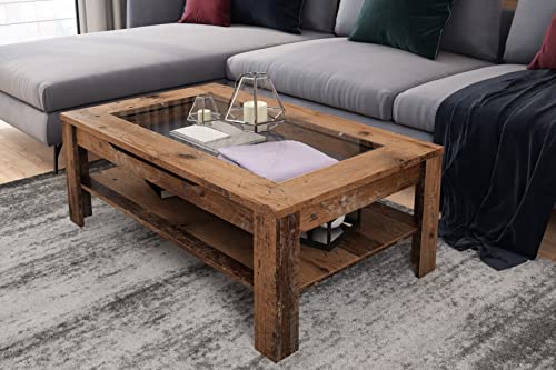 byLIVING Couchtisch Ralph/moderner Sofatisch mit Glaseinlage und großzügiger Schublade in Old Wood-Optik/Beistelltisch mit viel Stauraum/B 110, H 43, T 67 cm von byLIVING