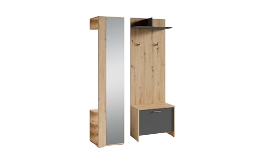 byLIVING Garderoben-Set Ben/Flur Garderobe mit Spiegel/viel Stauraum / 3-teilig/Hochschrank/Wandpaneel/Sitzbank (Artisan Eiche-Optik/Anthrazit) von byLIVING