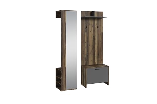 byLIVING Garderoben-Set Ben/Flur Garderobe mit Spiegel/viel Stauraum / 3-teilig/Hochschrank/Wandpaneel/Sitzbank (Old Style/Anthrazit) von byLIVING