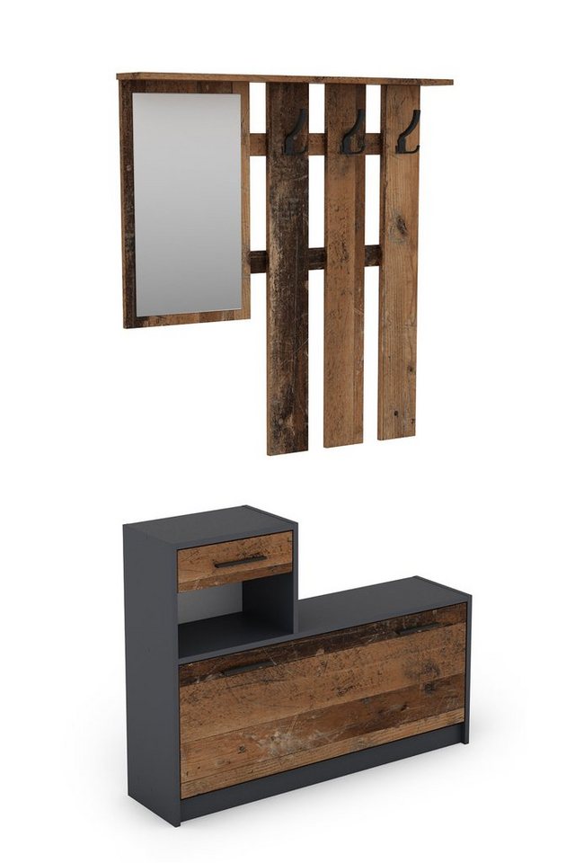 byLIVING Garderoben-Set TAMINA, (in Anthrazit/Old-Wood-Optik oder Weiß/Beton-Optik), Viel Stauraum für Schuhe, mit drei Kleiderhaken, mit Spiegel von byLIVING