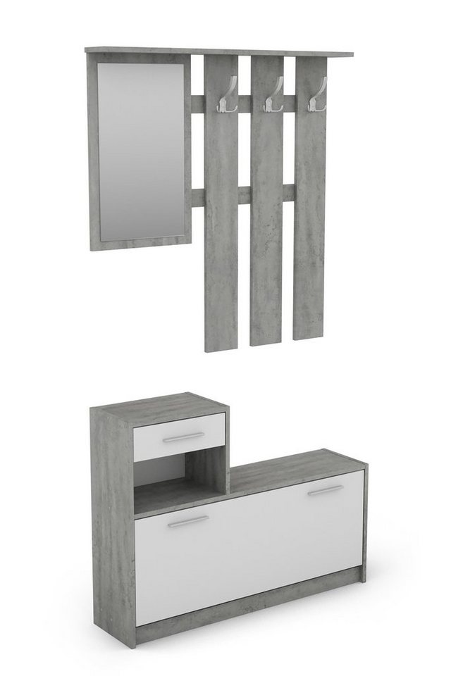 byLIVING Garderoben-Set TAMINA, (in Anthrazit/Old-Wood-Optik oder Weiß/Beton-Optik), Viel Stauraum für Schuhe, mit drei Kleiderhaken, mit Spiegel von byLIVING