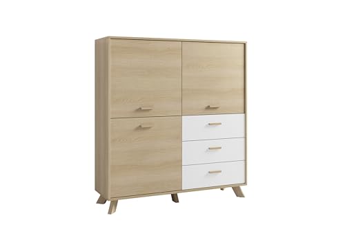 byLIVING Highboard Bastian/Eiche Bianco, weiß/Griffe und Füße Massivholz Eiche / 3 Türen, 3 Schubladen/viel Stauraum/Kommode/Schrank/Maße: B 120, H 131, T 36,5 cm byLIVING Highboard Bastian/Eiche Bianco, weiß/Griffe und Füße Massivholz Eiche / 3 Türen, 3 Schubladen/viel Stauraum/Kommode/Schrank/Maße: B 120, H 131, T 36,5 cm von byLIVING