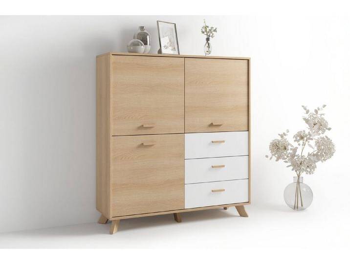 byLIVING Highboard Bastian (1 St), mit massiven Holzfüßen und Griffen, natürlicher Eichenlook, 120cm, braun von byLIVING