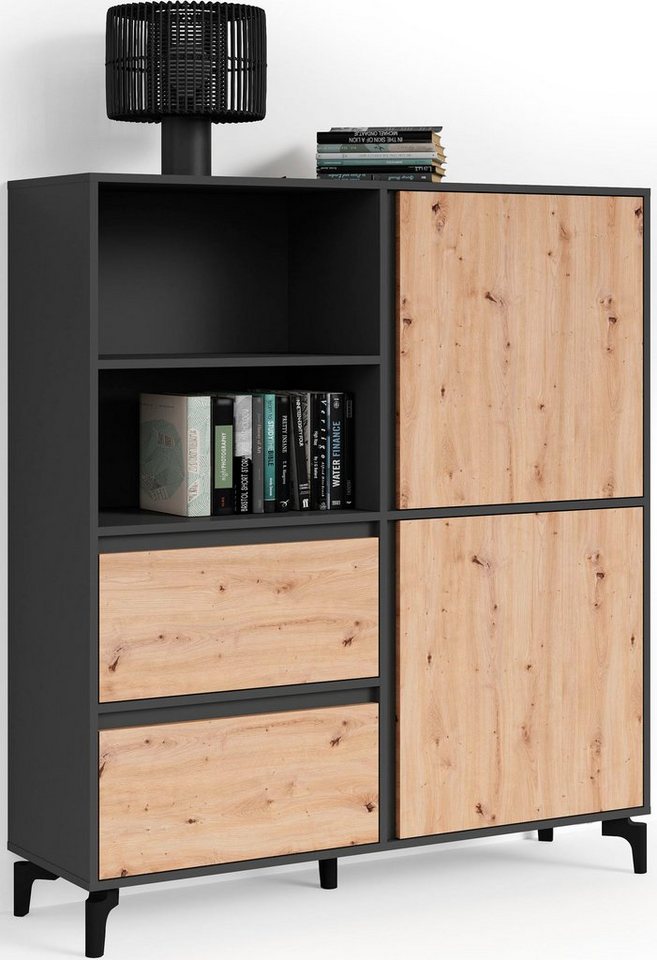 byLIVING Highboard Blackwood, Breite 126 cm, Korpus Anthrazit mit Absetzung in Eiche von byLIVING