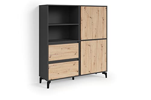 byLIVING Highboard Blackwood/Highboard Anthrazit mit Absetzung in Artisan Eiche/Wohnzimmerschrank mit 2 Türen, 2 Schubkästen und 1 offenem Fach/B 126, H 141, T 38 cm von byLIVING