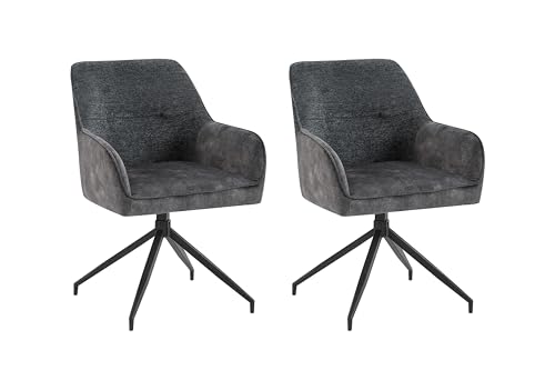 byLIVING Esszimmerstuhl Jacky / 2er Set/Vintage Velvet-Bouclé anthrazit/Gestell Metall schwarz/Polstersessel 360° drehbar/Esszimmerstuhl/Wohnzimmerstuhl/B 62, H 87, T 56 cm von byLIVING