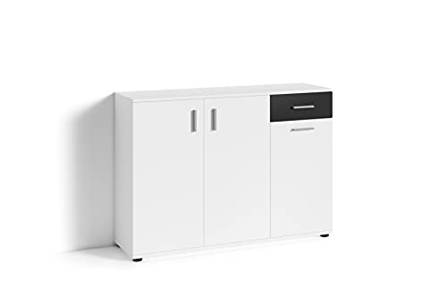 byLIVING Kommode Jakob / 3-türig mit 1 Schubkasten / 1 Schublade schwarz/Sideboard matt weiß/B 110, H 83,5, T35,5 cm von byLIVING