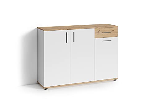 byLIVING Kommode Jakob / 3-türig mit 1 Schubkasten / 1 Schublade braun Eichen-Optik/Sideboard matt weiß/B 110, H 83,5, T35,5 cm von byLIVING
