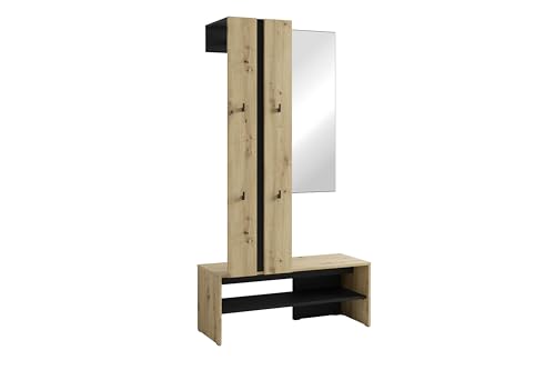 byLIVING Kompaktgarderobe NANTE/Artisan Eiche - Optik, Absetzung in schwarz/Spiegel, Kleiderstange, offene Fächer/Garderobenmöbel/Flurgarderobe/Maße: B 100, H 186, T 40 cm von byLIVING