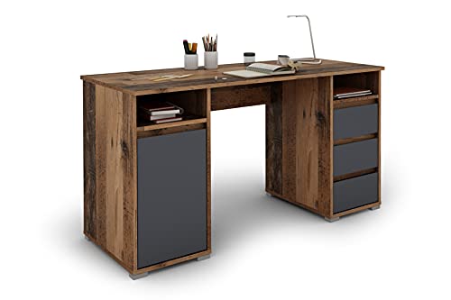 byLIVING Lobo 02 Schreibtisch mit robuster Melamin Oberfläche, 3 Schubläden sowie 1 Tür für mehr Stauraum, Holzwerkstoff Spanplatte, braun(Old Style Optik mit anthrazit), B 138, H 75, T 55 cm von byLIVING