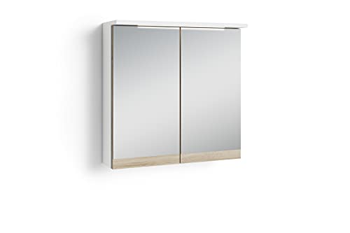 byLIVING Marino Spiegelschrank mit robuster Melamin Oberfläche in weiß mit Sonoma Eiche, incl. LED Beleuchtung und Schalterbox, Holzwerkstoff, B 60, H 60, T 20 cm von byLIVING