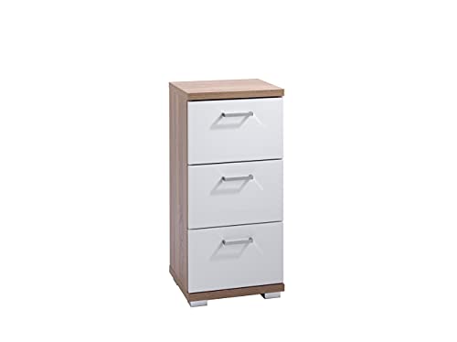 byLIVING Badezimmer Seitenschrank Nebraska in Sonoma Eiche Hochglanz lackiert/Kleiner Badschrank mit 3 Schubladen und silberfarbenen Griffen/B 35,5, H 74, T 31,5 cm Nebraska 03 Braun - Hochglanz Weiß von byLIVING