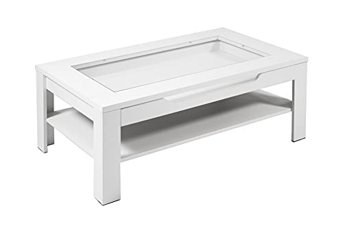 byLIVING Ralph Couchtisch, mit Schublade, Glasplatte, Pflegeleichte Melaminoberfläche, Holzwerkstoff, weiß, 110 x 67, H 43 cm von byLIVING