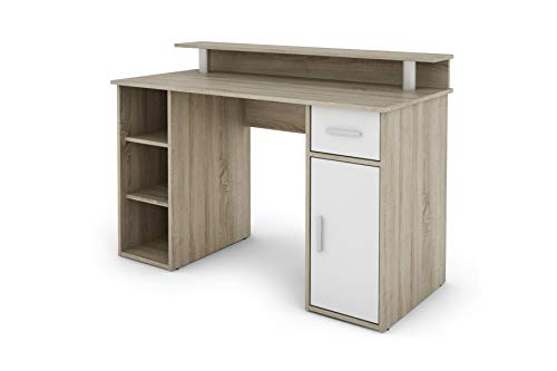 byLIVING Schreibtisch DIEGO / Arbeits-Tisch mit viel Stauraum in Sonoma Eichen-Holz-Optik / Fronten in Weiß / Computer-Tisch / 1 Schublade, 1 Tür, 3 offene Fächer / 120x88x55cm (BxHxT) von byLIVING