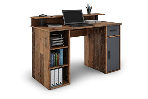 byLIVING Schreibtisch Diego/Arbeits-Tisch mit viel Stauraum in Old Wood-Optik/Fronten in anthrazit/Computer-Tisch / 1 Schublade, 1 Tür, 3 offene Fächer / 120x88x55cm (BxHxT) von byLIVING