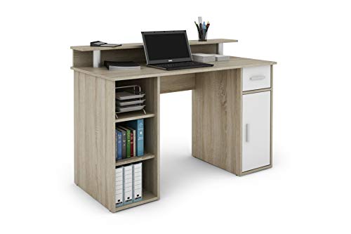 byLIVING Schreibtisch Diego/Arbeits-Tisch mit viel Stauraum in Sonoma Eichen-Holz-Optik/Fronten in Weiß/Computer-Tisch / 1 Schublade, 1 Tür, 3 offene Fächer / 120x88x55cm (BxHxT) von byLIVING