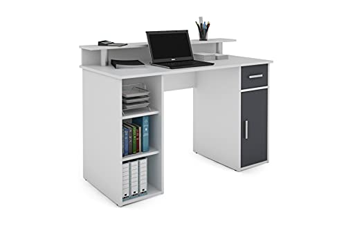 byLIVING Schreibtisch DIEGO / Arbeits-Tisch mit viel Stauraum in matt weiß / Fronten in anthrazit / Computer-Tisch / 1 Schublade, 1 Tür, 3 offene Fächer / 120x88x55cm (BxHxT) von byLIVING