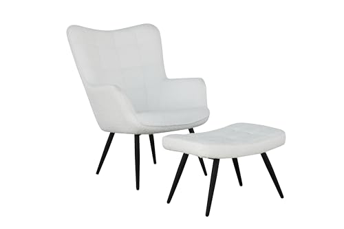 byLIVING Sessel mit Hocker UTA/Polstersessel und Fußhocker/Gestell in schwarz/Relaxsessel/Polsterhocker/Set (Bouclé, Weiß) von byLIVING