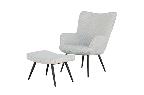 byLIVING Sessel mit Hocker UTA/Polstersessel und Fußhocker/Gestell in schwarz/Relaxsessel/Polsterhocker/Set (Grobcord, Weiß) von byLIVING