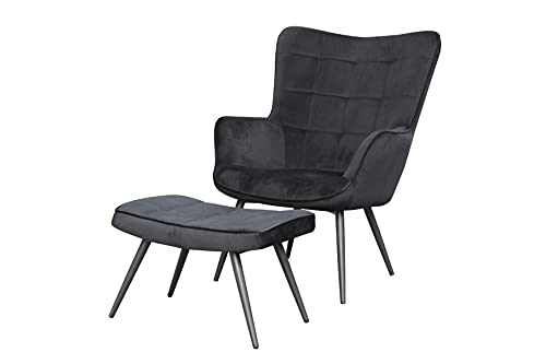 byLIVING Sessel mit Hocker UTA/Polstersessel und Fußhocker/Gestell in schwarz/Relaxsessel/Polsterhocker/Set (Samt, Schwarz) von byLIVING