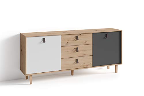 byLIVING Sideboard BILL / Kommode Artisan Eiche Optik hellbraun / Schrank mit 2 Tür und 3 Schubkästen / Fronten in weiß und grau / Schlaufen-Griffe / B 180, H 77, T 36,5 cm von byLIVING