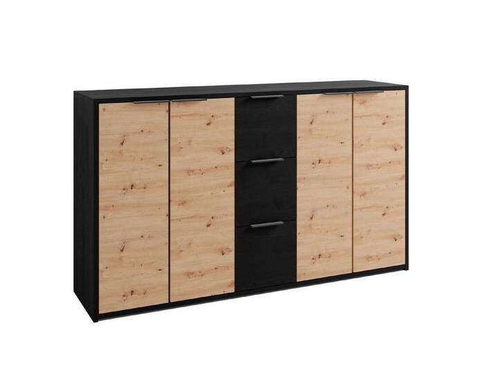 byLIVING Sideboard RIMINI (Korpus Eiche schwarz, Front Eiche schwarz und Artisan Eiche), Breite 80 cm, 3 Schubkästen, viel Stauraum, schwarz von byLIVING
