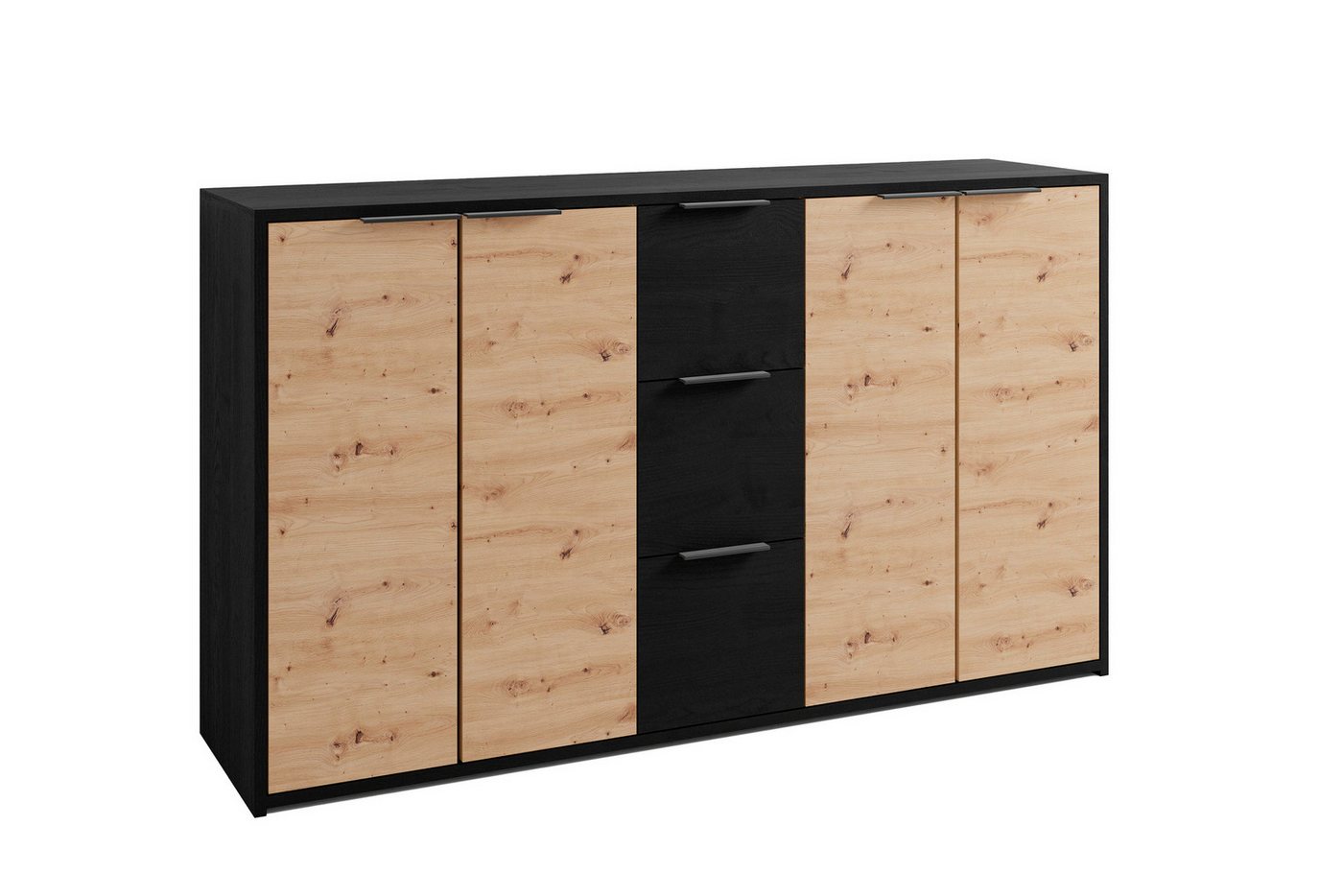 byLIVING Sideboard RIMINI (Korpus Eiche schwarz, Front Eiche schwarz und Artisan Eiche), Breite 80 cm, 3 Schubkästen, viel Stauraum von byLIVING