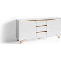 byLIVING Sideboard VALENTIN / Kommode matt weiß mit Absetzung in Eiche-Optik / Schrank mit 2 Türen und 3 Schubkästen / Im Scandi-Style / Grifflos / B von byLIVING