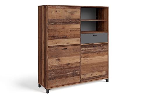 byLIVING Highboard Jackson/großes Sideboard Old Wood Vintage braun / 3-türig braun u. 1 Schubalde in Anthrazit/Wohnzimmerschrank mit 3 Türen und 1 Schubkasten/B 126, H 143, T 40 cm von byLIVING