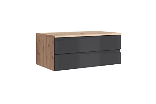 byLIVING Waschtisch Shape/Moderne Bad Kommode/Front Hochglanz Anthrazit / 2 Schubladen mit gefräster Griffleiste/Korpus Melamin Eiche-Optik/Schrank/B 80, H 33, T 47 cm von byLIVING