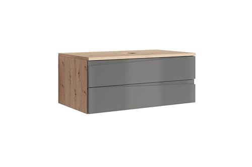 byLIVING Waschtisch Shape/Moderne Bad Kommode/Front Hochglanz Anthrazit / 2 Schubladen mit gefräster Griffleiste/Korpus Melamin Eiche-Optik/Schrank/B 80, H 33, T 47 cm von byLIVING