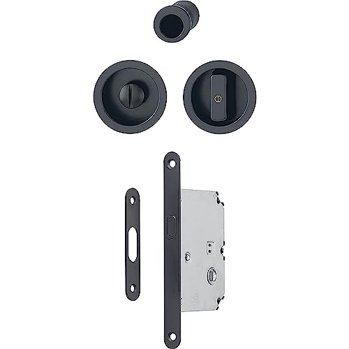 bybyhome Hoppe Schiebetürschloss WC mit Griffmuschel auf runder Rosette - Schiebetürbeschlag Set, Aluminium schwarz matt von bybyhome