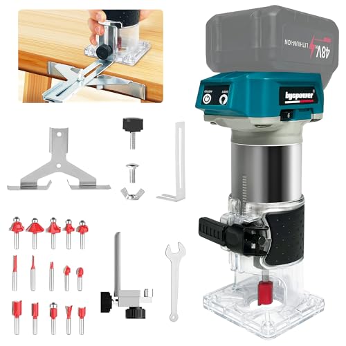 bycpower Akku Oberfräse für Makita 18V Akku, 800W Akku-Kantenfräse Set mit 6 Geschwindigkeit, 30000 U/min Bürstenloser Multifunktionsfräse Tragbarer Handfräser mit 15 Stück 1/4" Fräser Set(Ohne Akku) von byczone