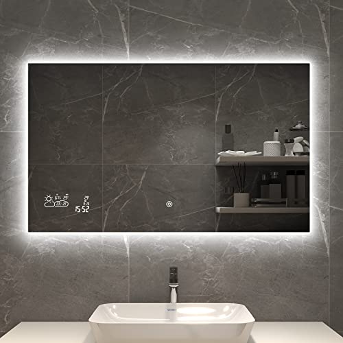 byecold Badspiegel mit LED Beleuchtung 100x60CM, Badezimmerspiegel Beschlagfrei mit Touchschalter, Bad Spiegel Wandspiegel Lichtspiegel Badezimmer Mirror Smart, Wetterstation, Horizontal von byecold