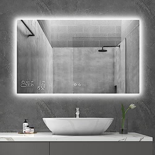 byecold Badspiegel mit LED Beleuchtung 100x60CM, Spiegelheizung mit Wetterstation, WiFi Badezimmerspiegel, Bad Spiegel Heizung mit Touchschalter, Horizontal von byecold